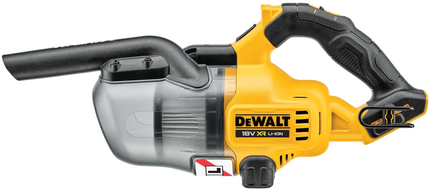 A DEWALT 18V XR Li-Ion handheld vacuum cleaner with a black and yellow design, featuring a transparent dust container and ergonomic handle.