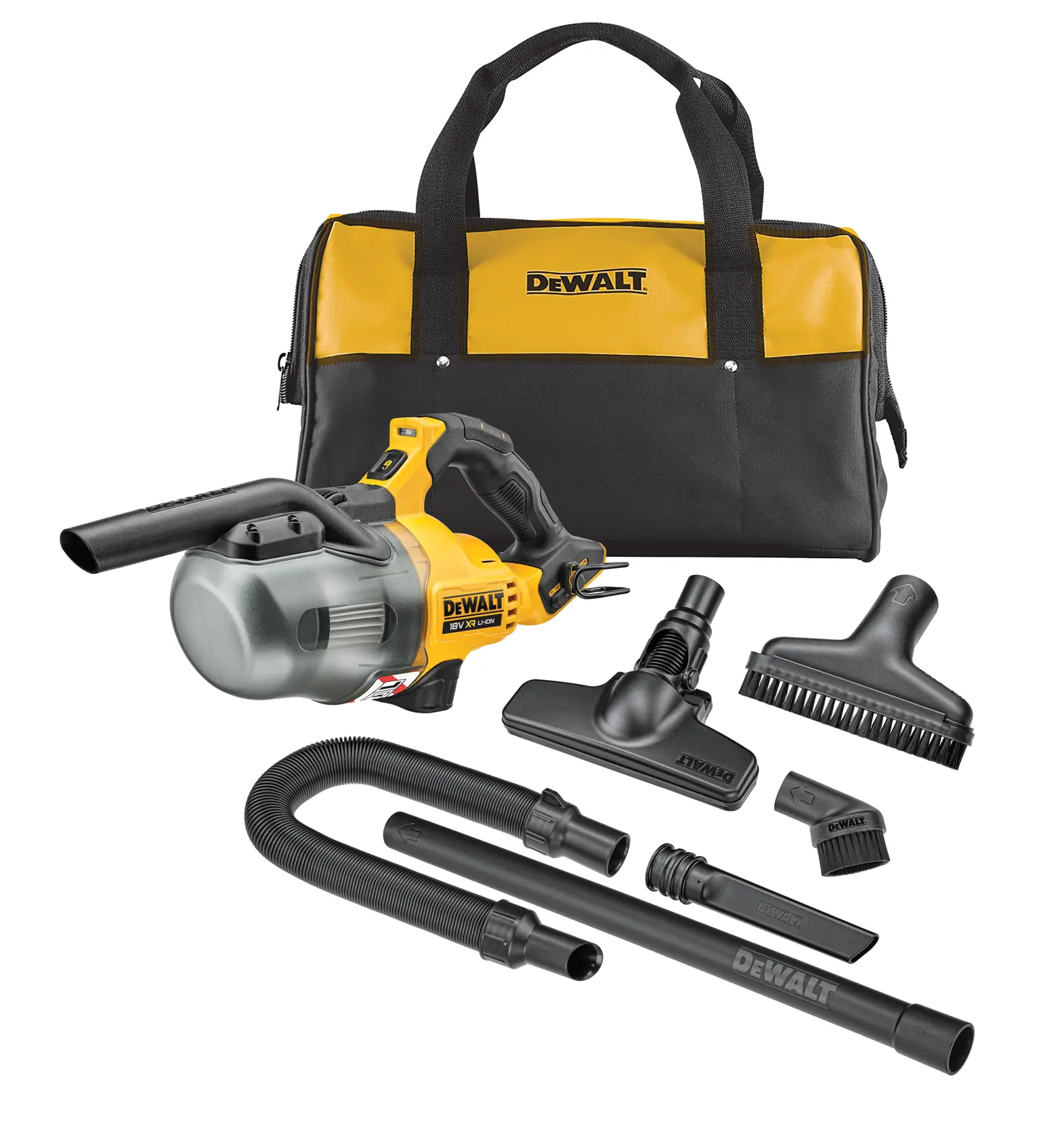 DEWALT handheld cordless vacuum cleaner kit including a yellow and black vacuum unit, several attachments (nozzle, brush, hose, extension tubes), and a black and yellow DEWALT carrying bag displayed on a white background.