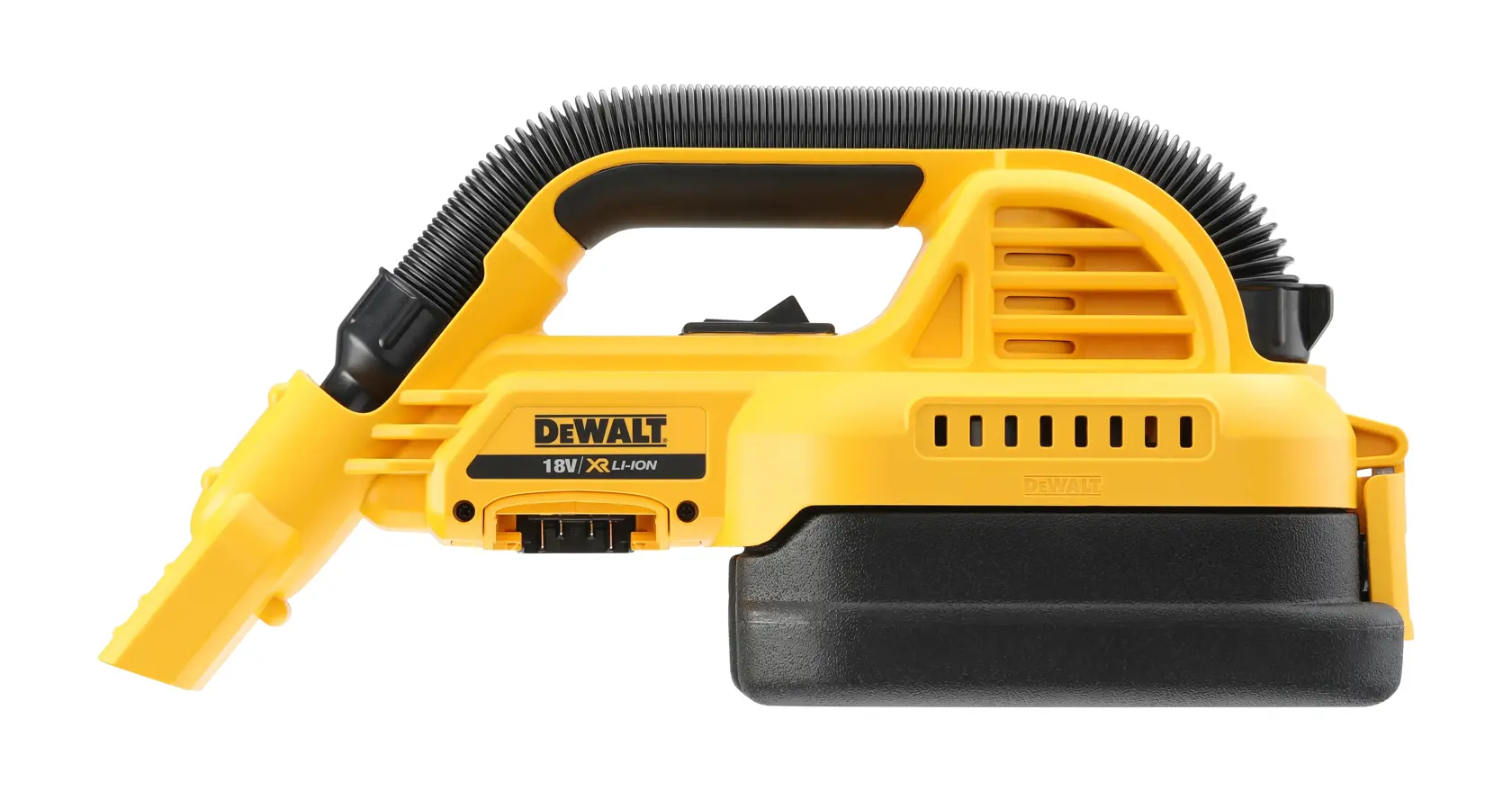 DEWALT DCV517N 18V portable vacuum cleaner with hose, yellow and black, side view.