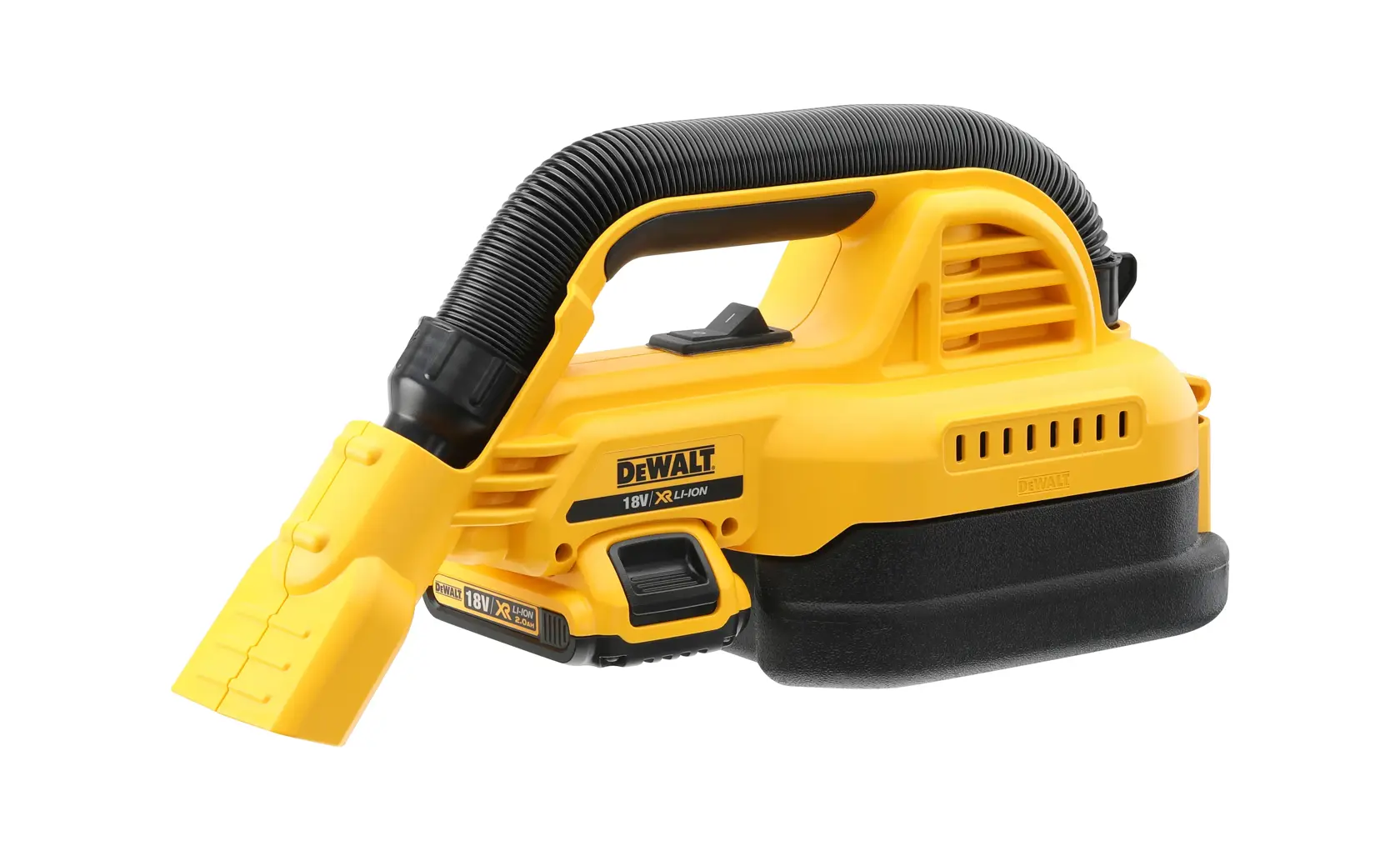 DEWALT DCV517N 18V handheld cordless vacuum, yellow with black accents and flexible hose.