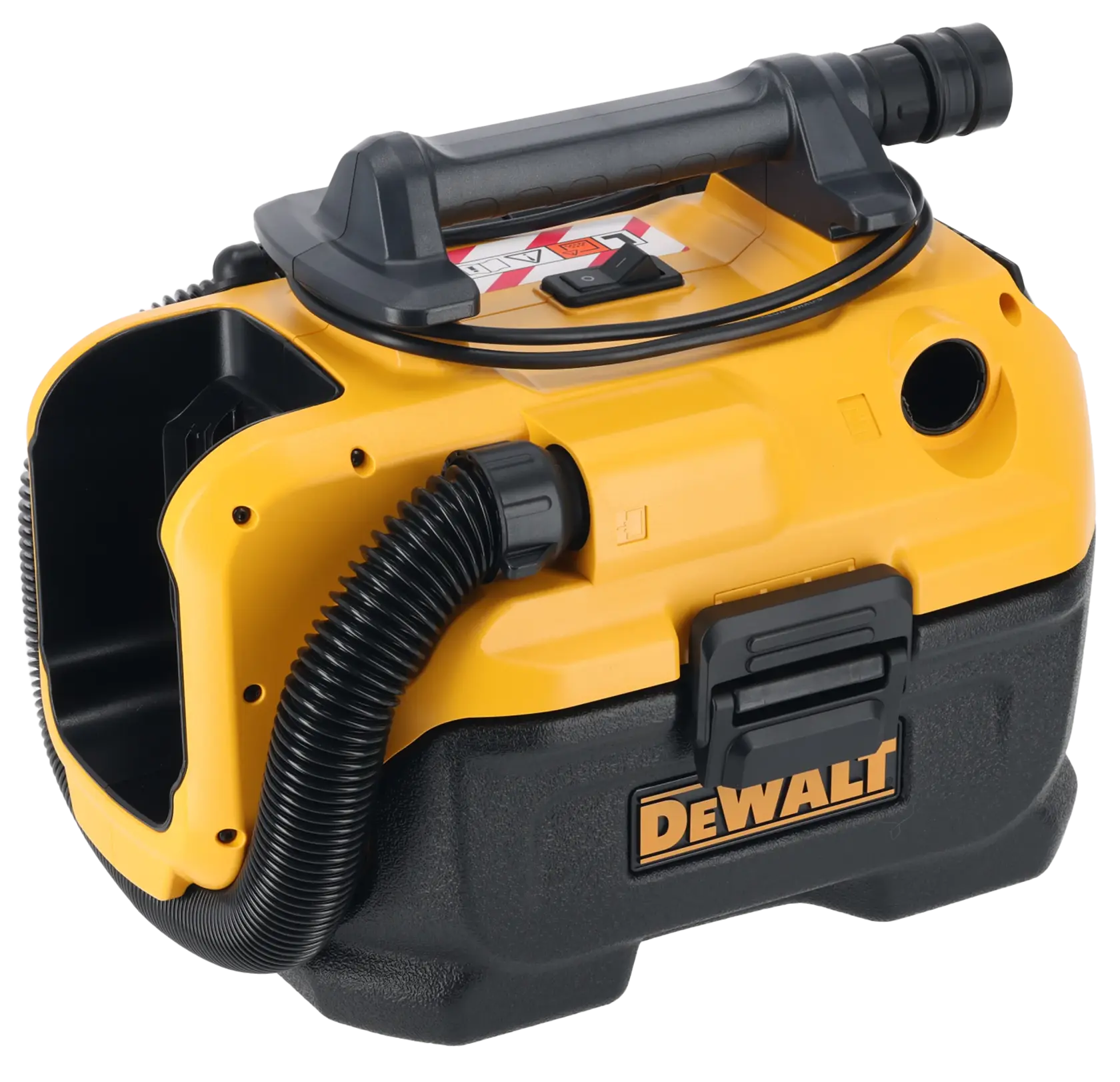 DEWALT portable wet/dry vacuum with handle and hose, yellow and black, model DCV584L.