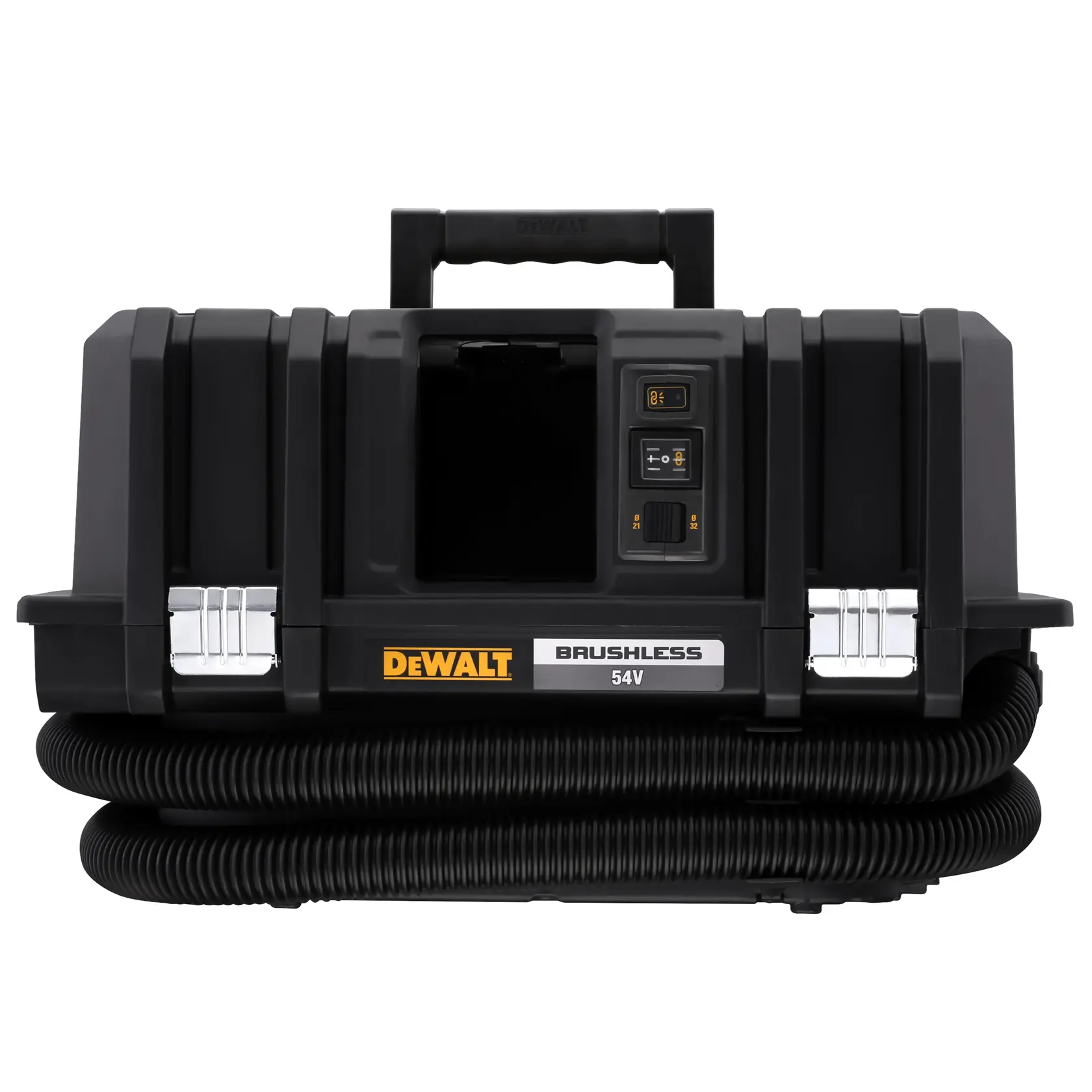 DEWALT 54V brushless portable vacuum with handle, controls, and coiled hose, black and yellow design.