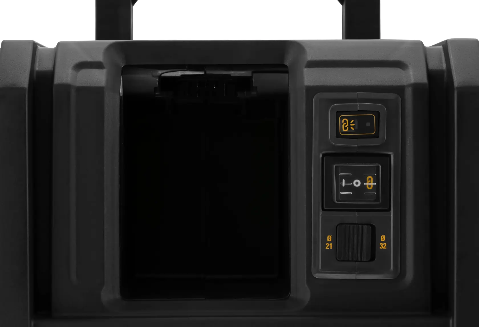 Close-up of DEWALT DCV586MN control panel, showing buttons and dial on a black device.