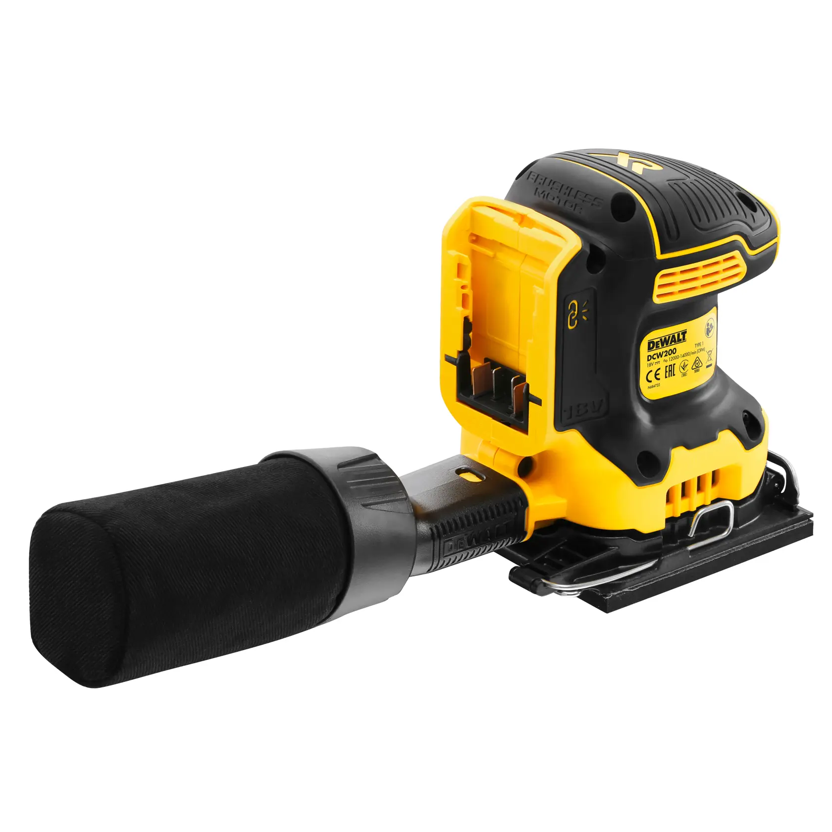 DEWALT cordless sander with dust bag, yellow and black, model DCW200N, no battery attached.