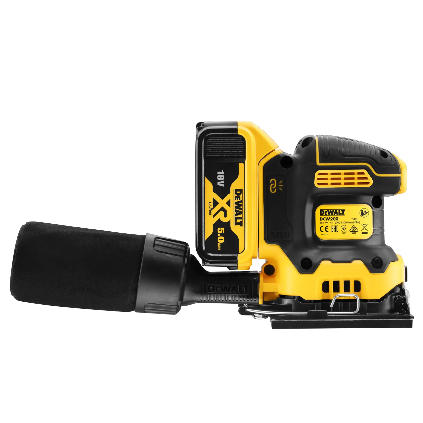 Levigatrice DEWALT DCW200P2 18V con sacchetto, gialla e nera, vista laterale su sfondo bianco.