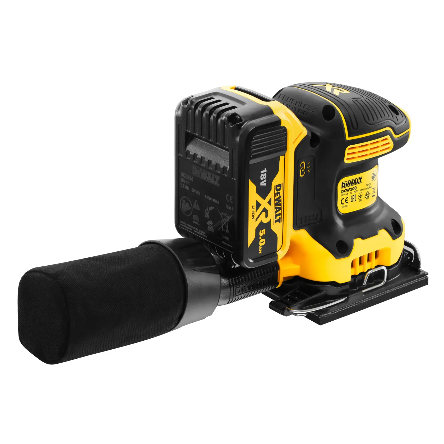 Levigatrice DEWALT senza fili con sacco raccoglipolvere, design giallo e nero, vista laterale.