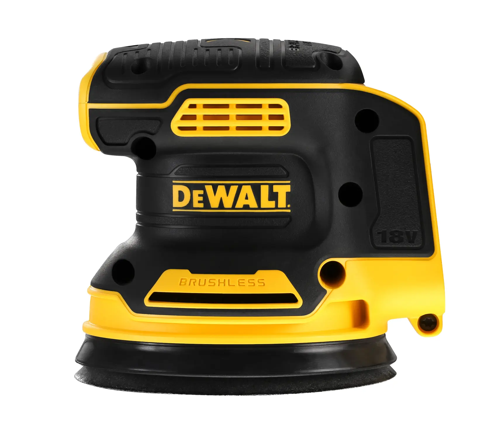 A DEWALT 18V brushless cordless random orbital sander, shown in yellow and black, designed for woodworking and surface finishing.