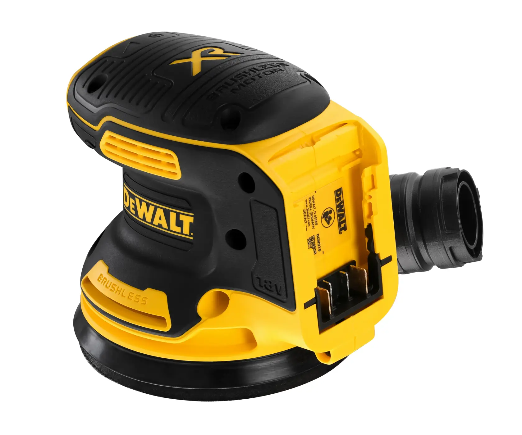 A DEWALT cordless brushless motor random orbital sander, model DCW210NT, shown in yellow and black with the battery compartment visible.