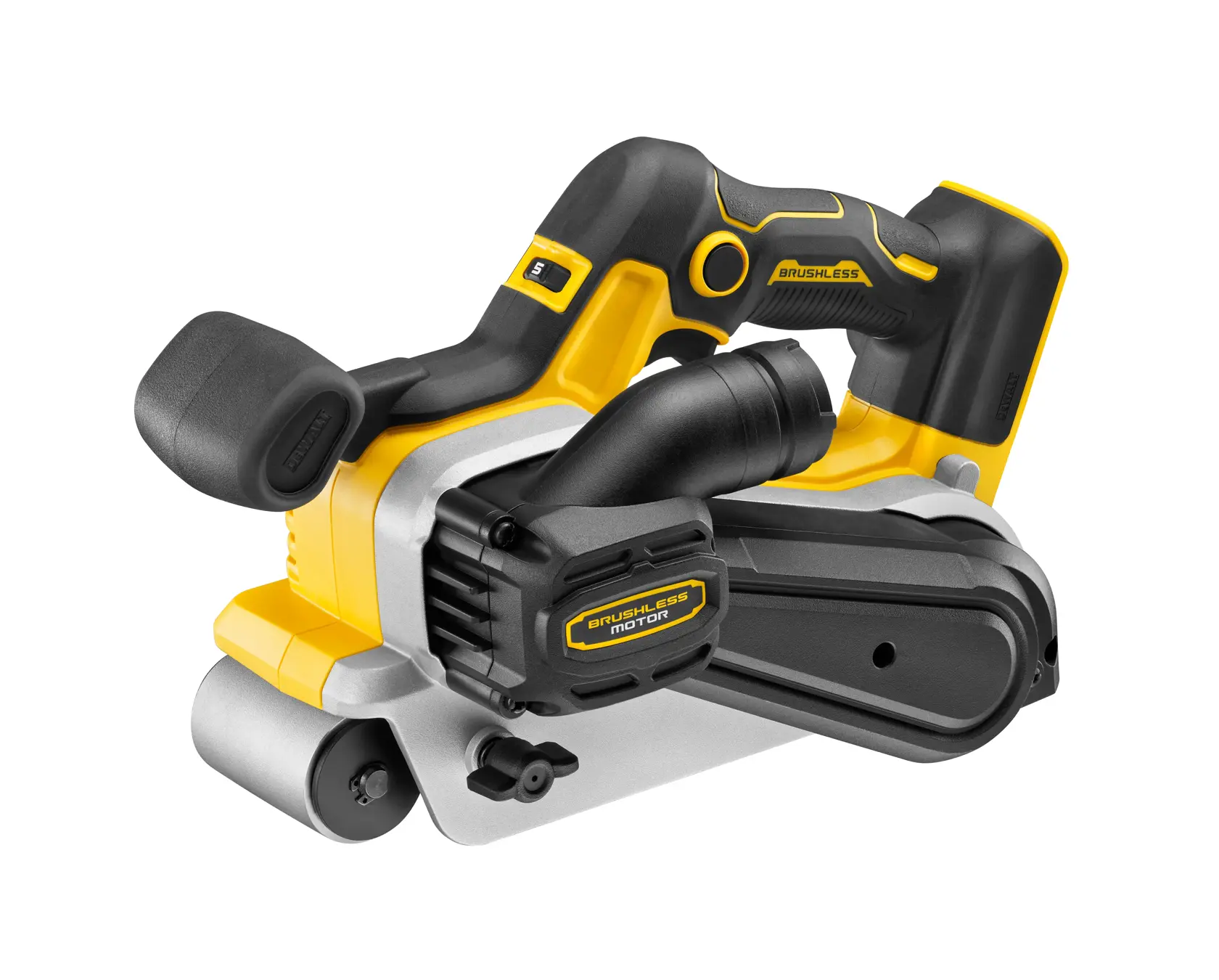 DEWALT cordless belt sander with brushless motor, black and yellow, shown on a white background.