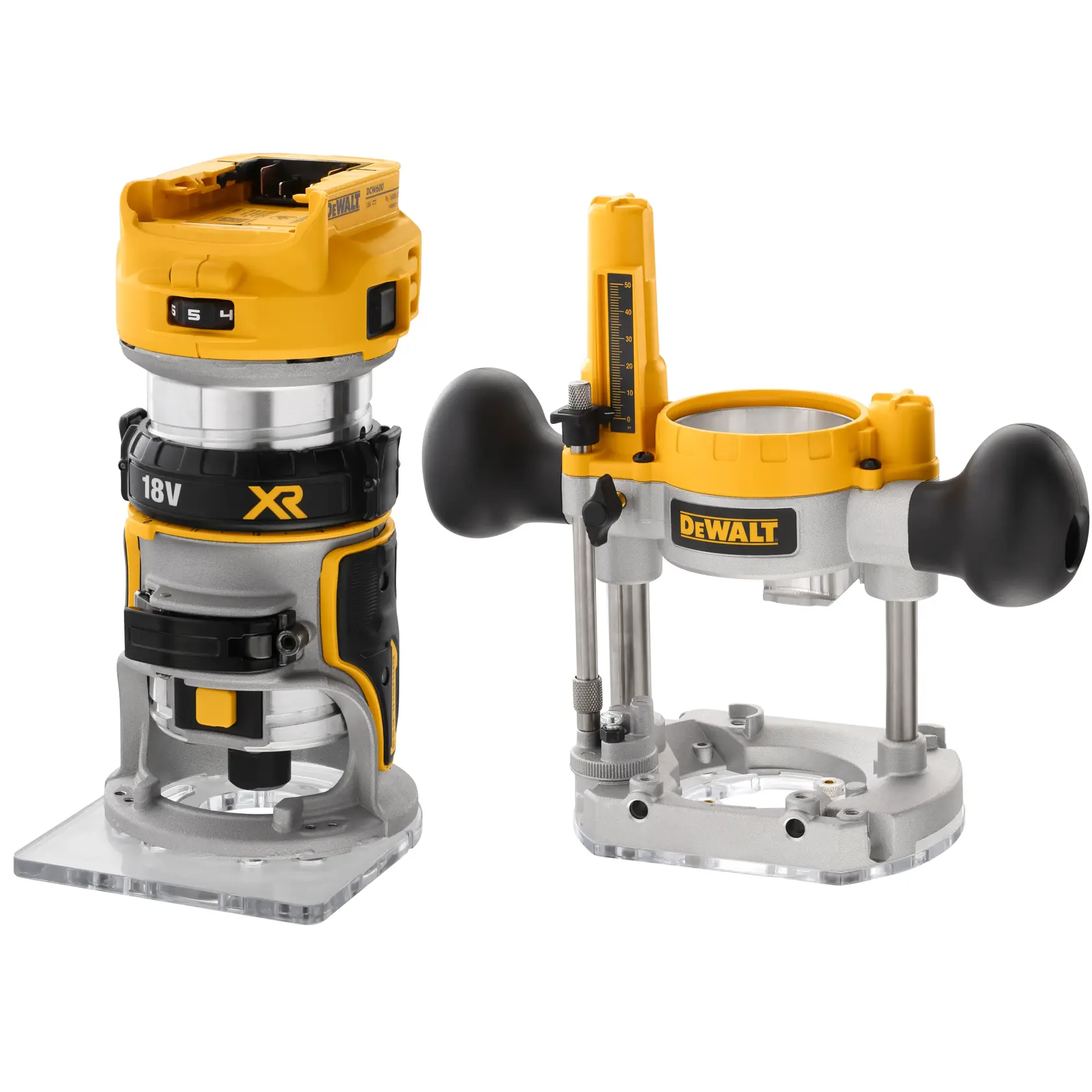 Herramientas DEWALT fotografía DCW604N, DCW604NT-XJ, DCW604NT mostradas juntas en color plata y amarillo.