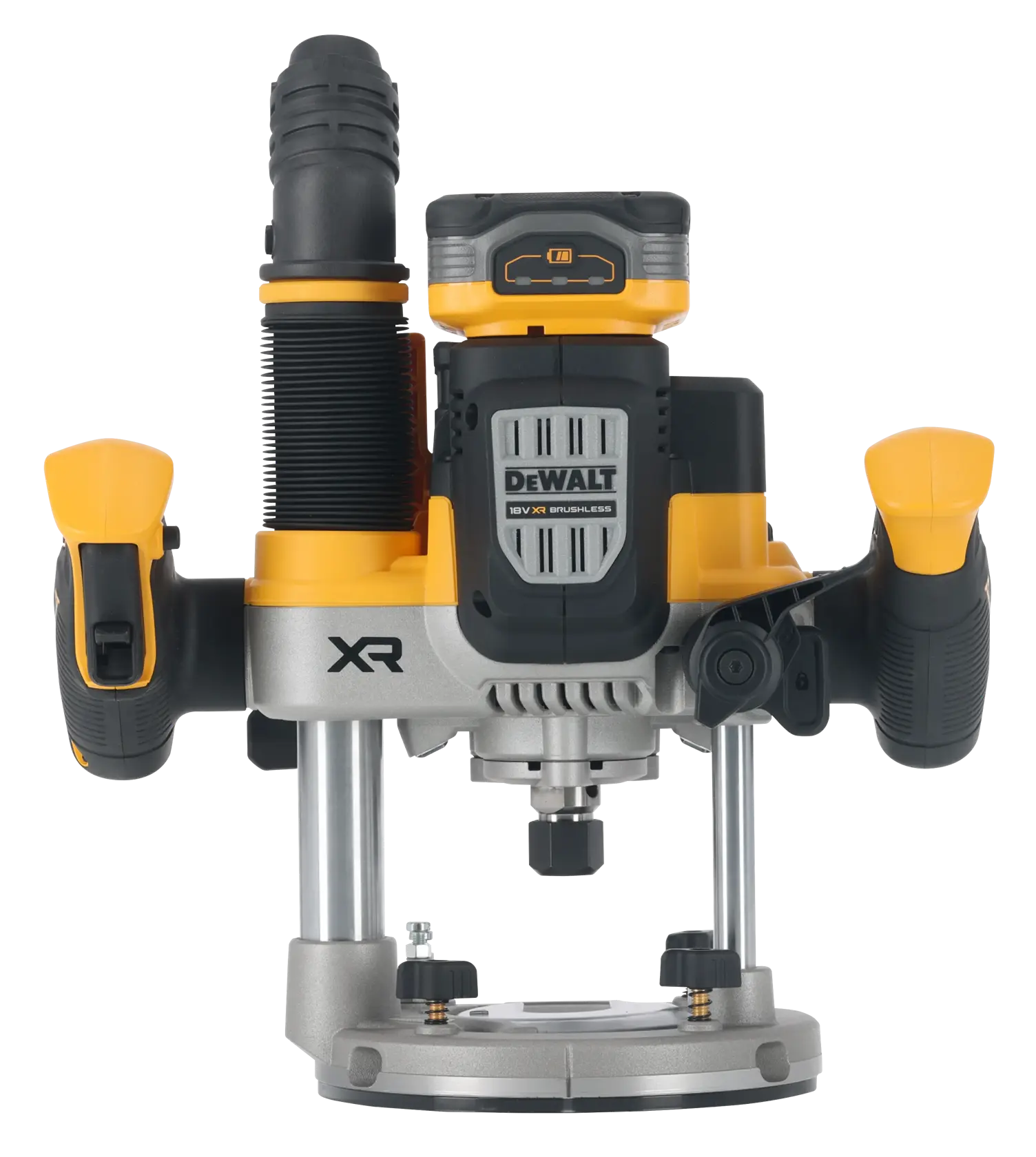DEWALT XR cordless router with dual handles, silver and yellow, front view on white background.