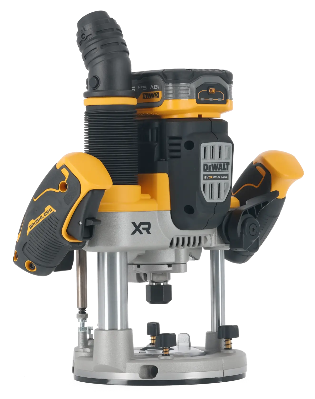 DEWALT XR cordless plunge router with brushless motor, ergonomic handles, and dust extraction port.