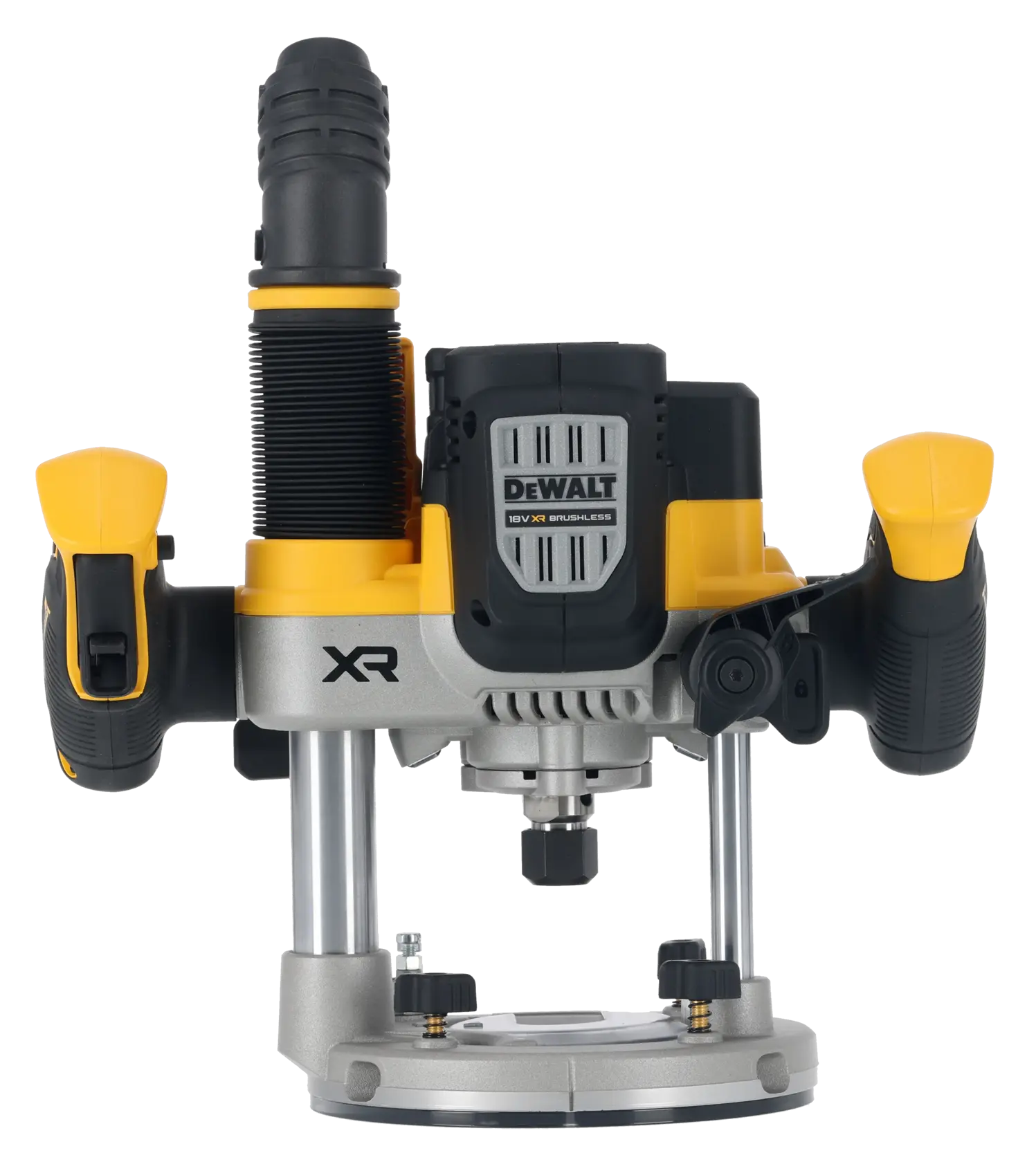 DEWALT DCW620NT cordless plunge router with yellow and black design, front view showing handles and base.