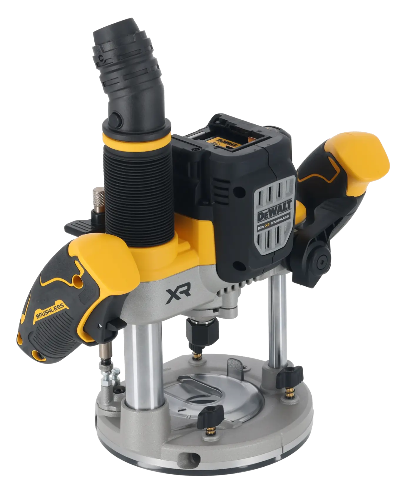 DEWALT cordless plunge router with yellow and black design, brushless motor, and ergonomic handles.