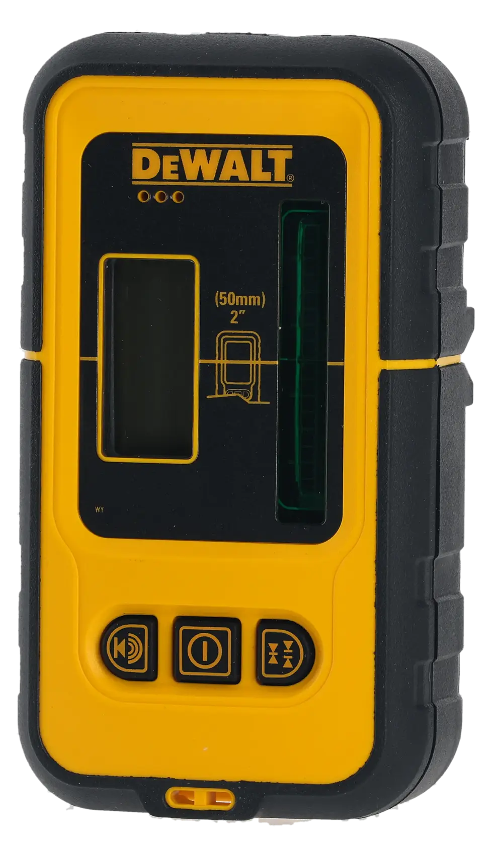 DEWALT DE0892G laser detector in black and yellow with control buttons and display screen.