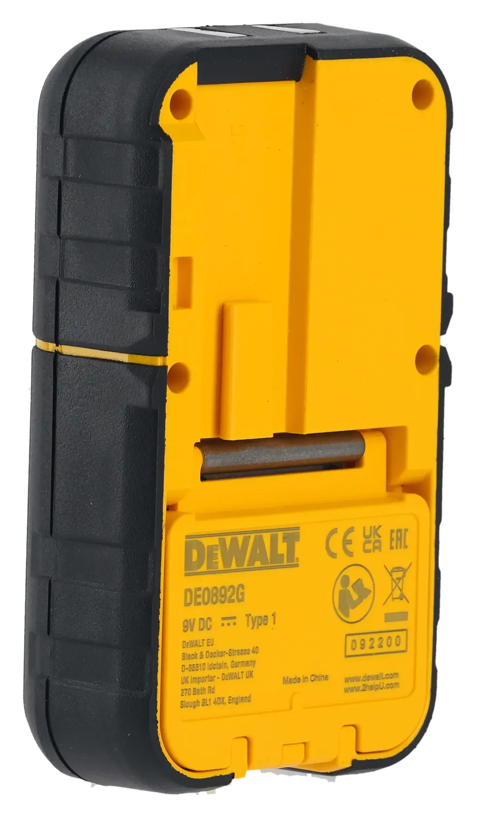 Back view of a DEWALT DE0892G green laser detector for use with line lasers, featuring a yellow and black case.