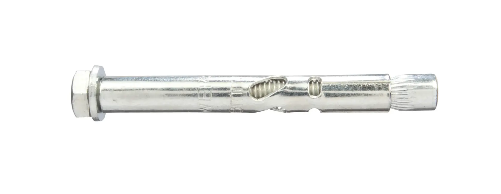 Bullone di ancoraggio in metallo DEWALT per montaggi a parete, su sfondo bianco.