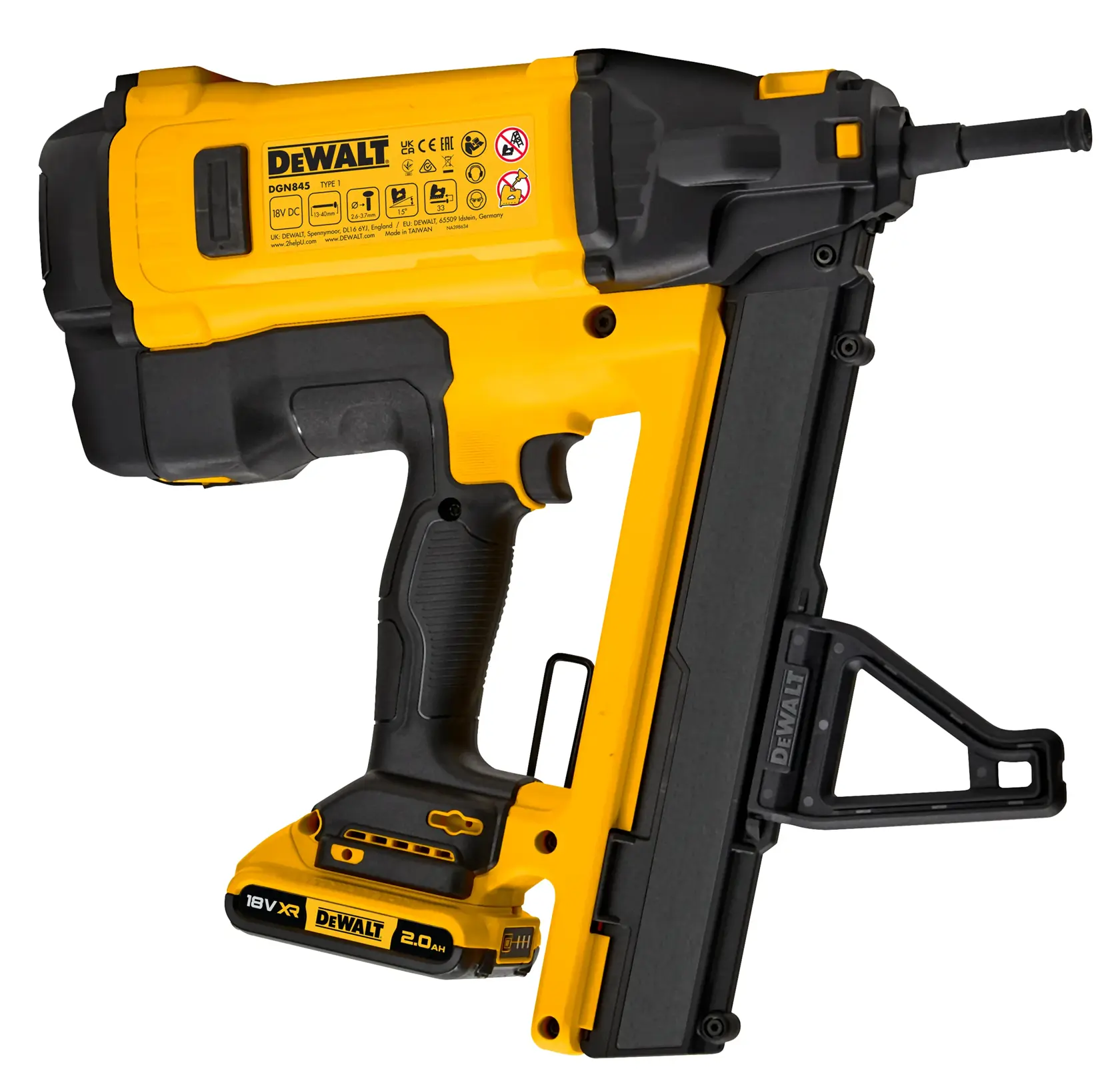 DEWALT nailer tool, yellow and black, SKUs DGN845D1-QW, DGN845D1 for photography category.