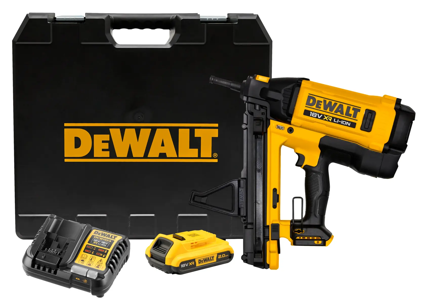DEWALT nailer set with case, charger, battery. Photography. SKUs: DGN845D1-QW, DGN845D1.