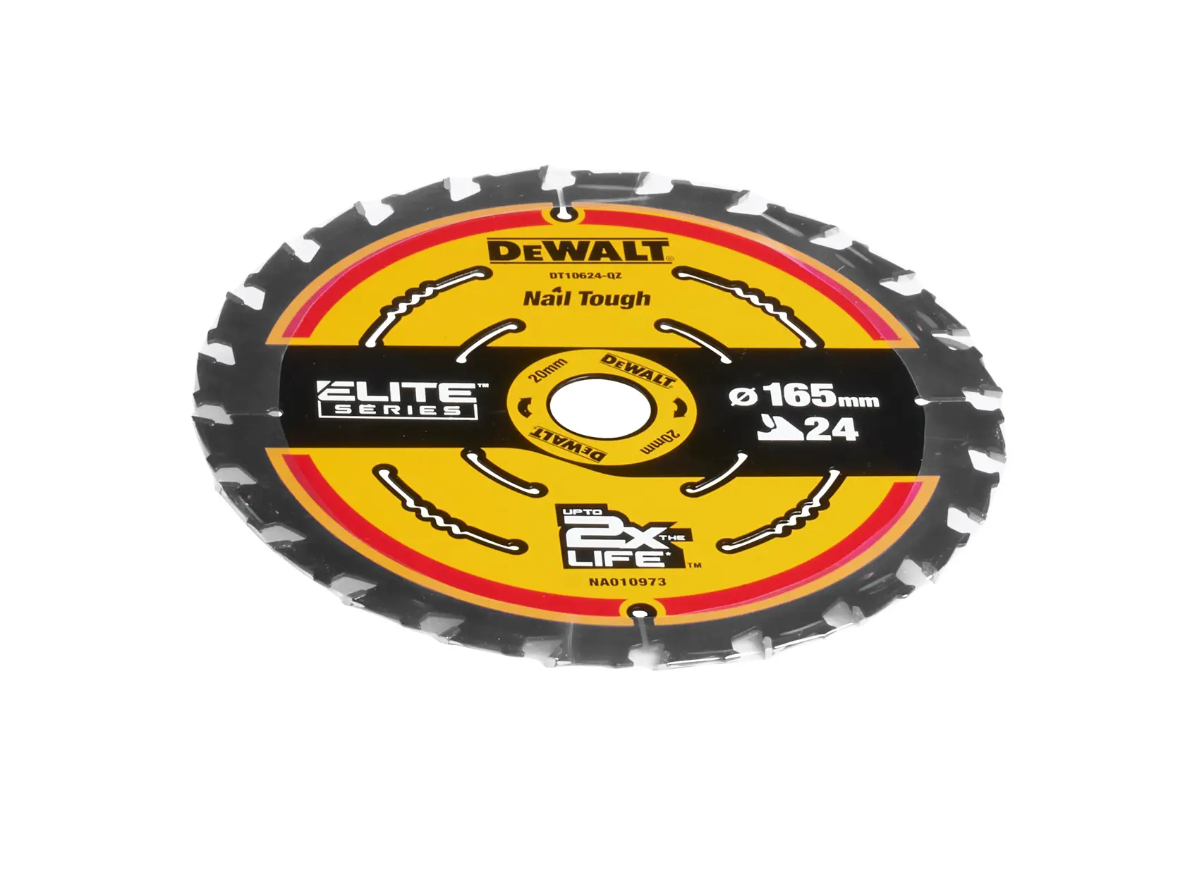 DEWALT 165mm circular saw blade with 24 teeth and yellow-black design, Elite Series, model DT10624.