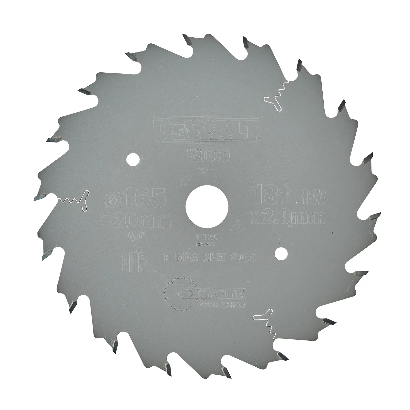 A DEWALT circular saw blade, model DT1089, designed for wood cutting. The blade is silver-grey with 18 teeth and features specifications engraved on the surface, including 165mm diameter, 20mm bore, and 2.3mm thickness.