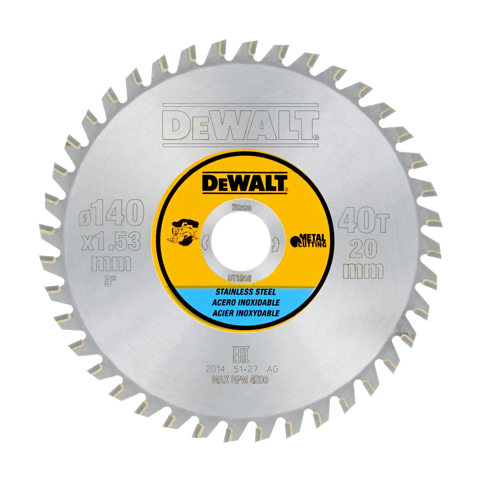 Lame de scie circulaire DEWALT DT1918 pour acier inoxydable, 140mm, 40T, coupe métal.