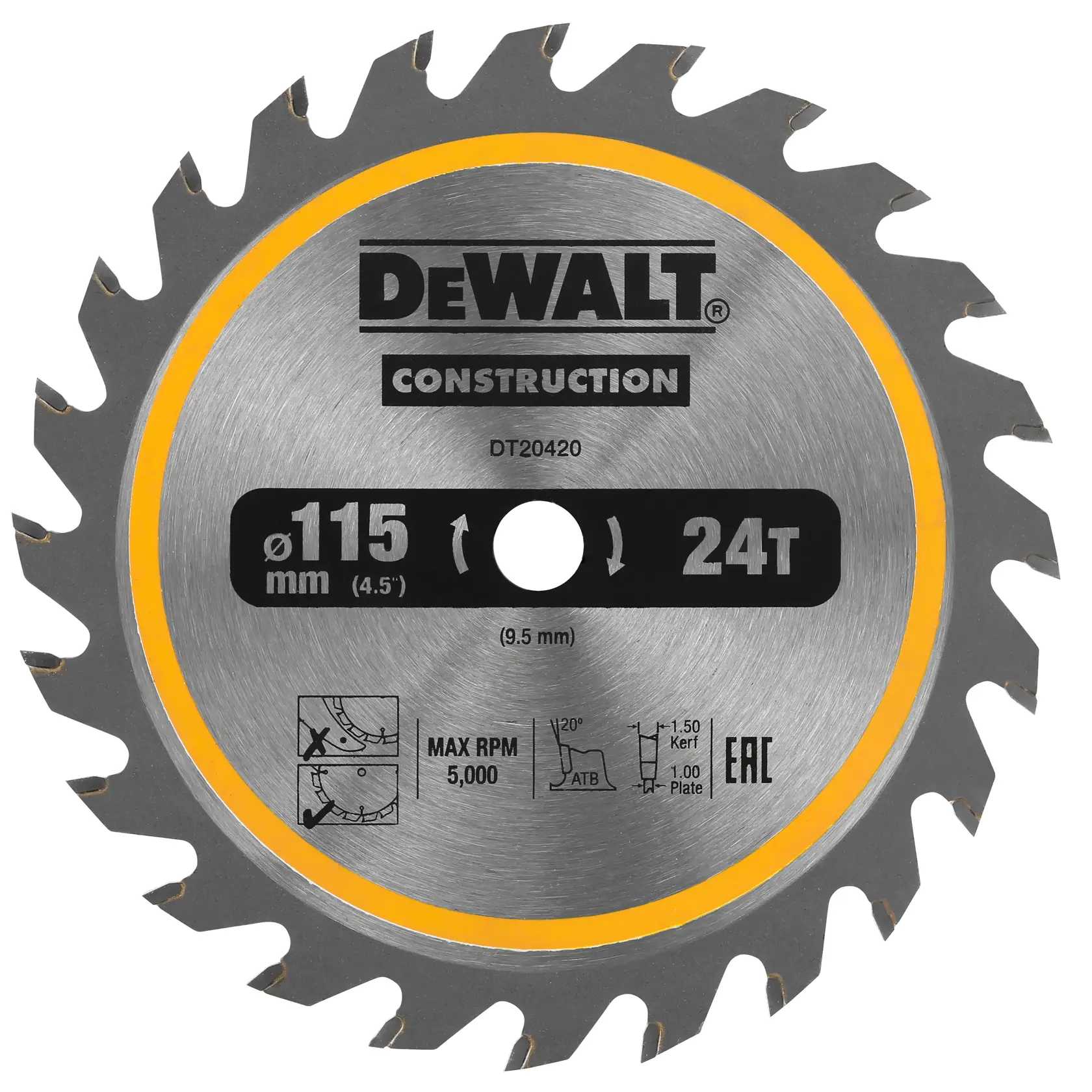 Disco DEWALT DT20420 115mm 24T per sega circolare, uso edilizia, metallo con bordo giallo.