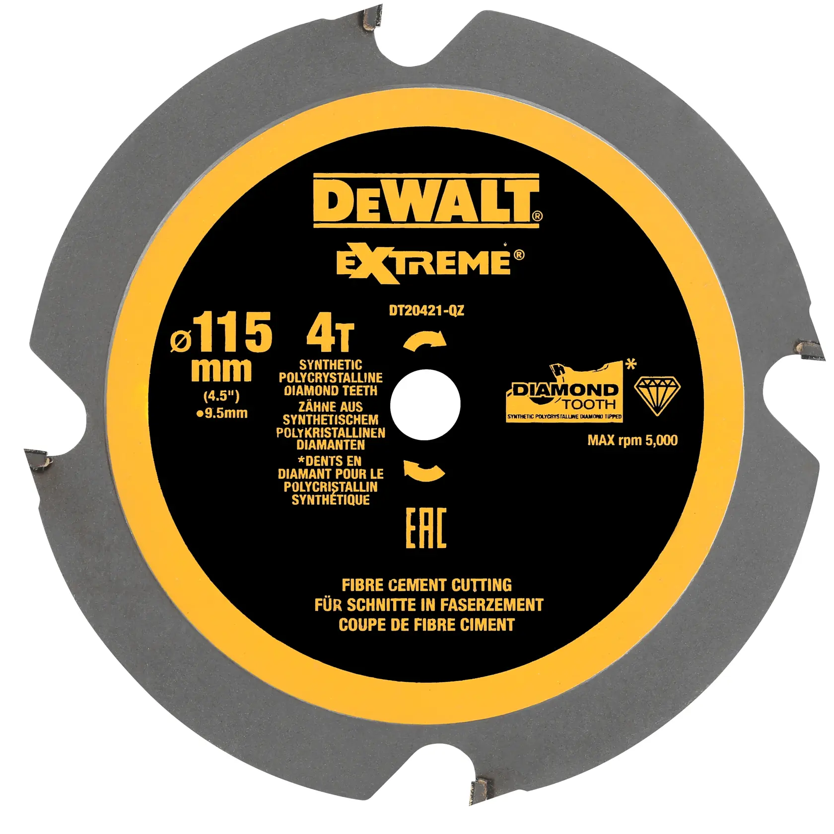 Lama circolare DEWALT con anello giallo, parzialmente coperta da un quadrato marrone al centro.