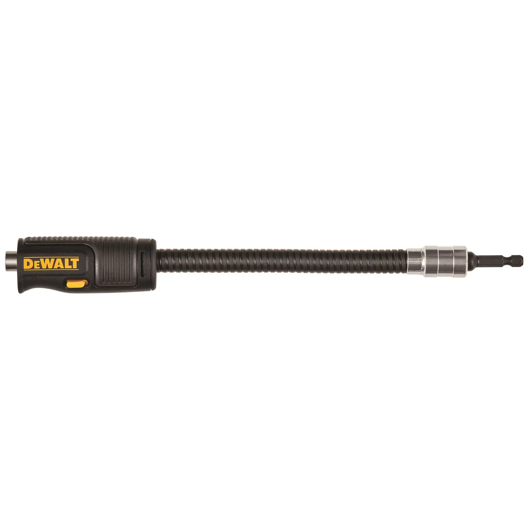 DEWALT flexible shaft screwdriver bit holder for power tools. Black with yellow details, straight design.