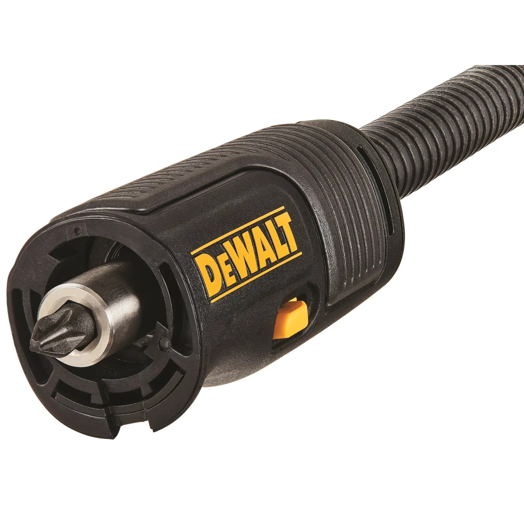 Close-up of a DEWALT rotary tool with a bit attached, black and yellow design, textured grip.