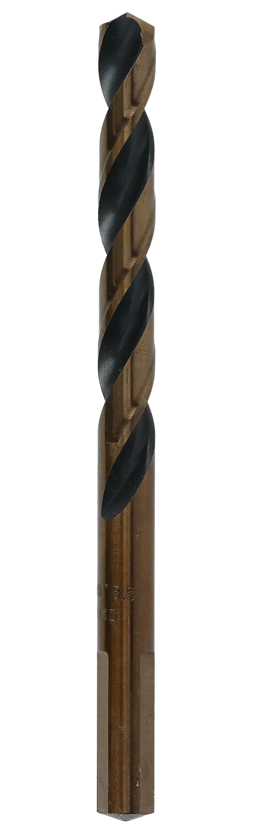 Foret métallique DEWALT bronze et noir, design spiralé, présenté verticalement sur fond blanc.