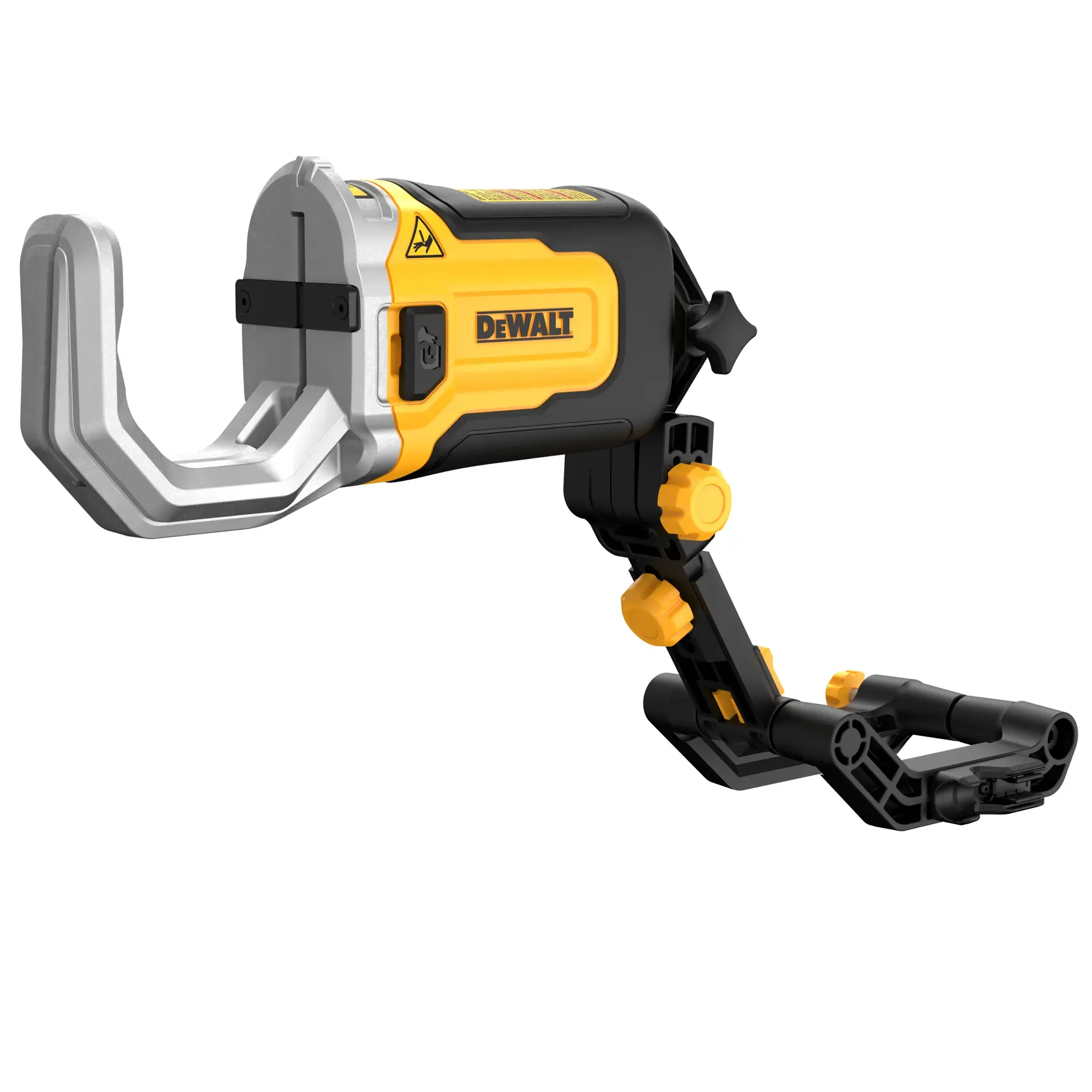 DEWALT DT20560 fotografitilbehør med en justerbar gul og svart monteringsarm og en stor metallklemme, designet for å holde objekter sikkert under fotograferingsoppgaver.