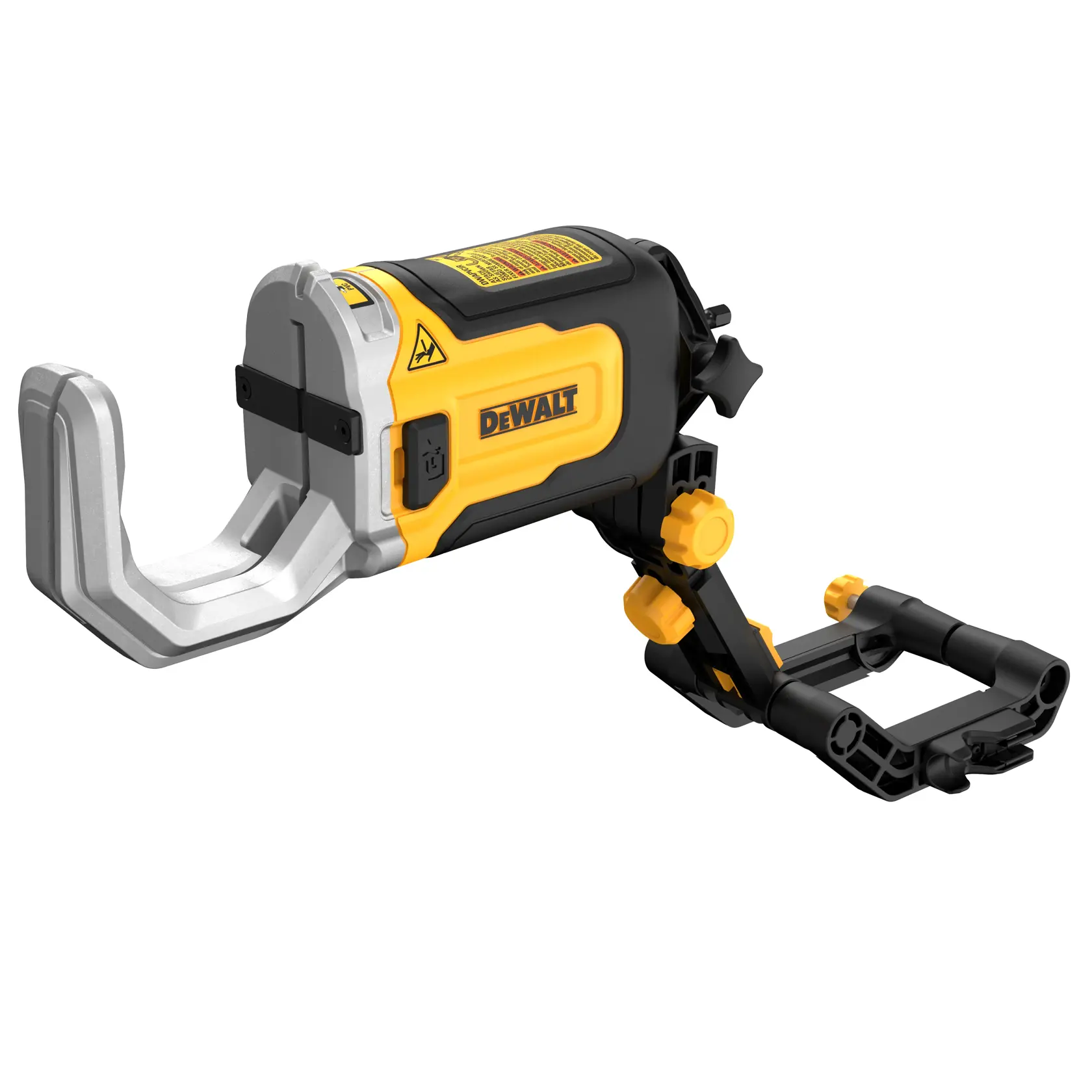 DEWALT DT20560 fotografitilbehør med klemme og justerbare armer, svart og gult design, produktet vises på hvit bakgrunn.