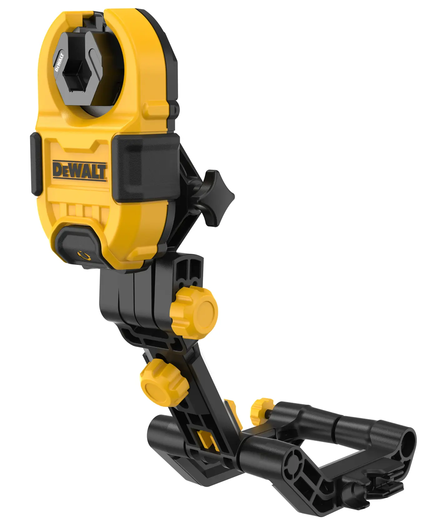 DEWALT adjustable camera mount in yellow and black, designed for photography, with multiple joints and clamps.