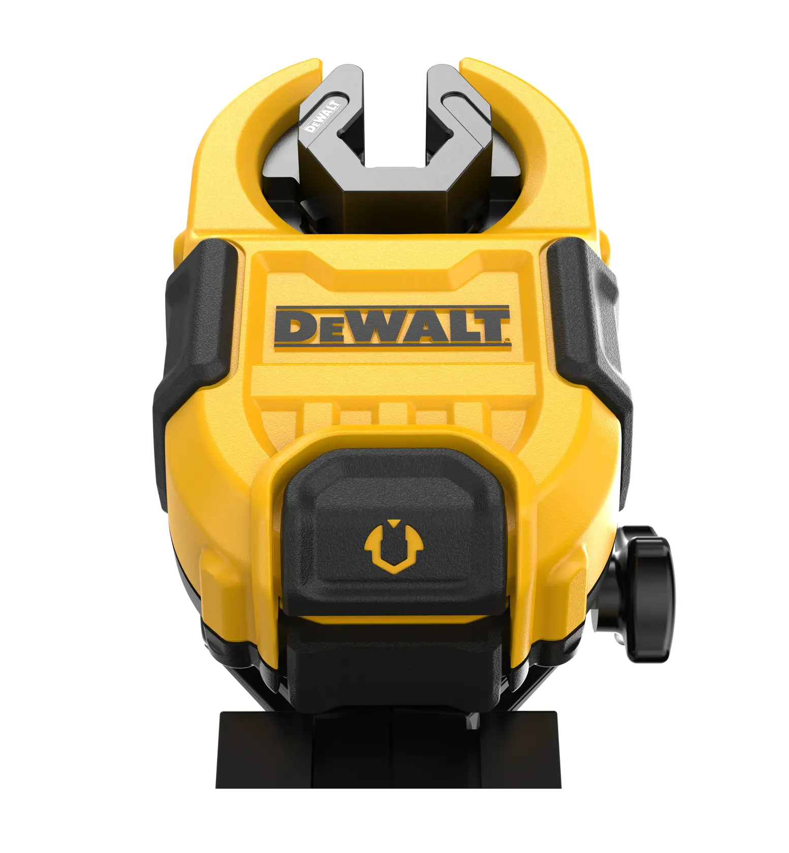 Front view of a yellow DEWALT DT20562 tool with black details, designed for precise photography or alignment work.