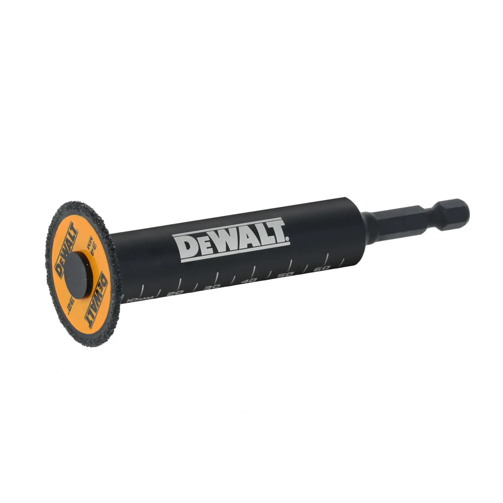 DEWALT DT20563 rotary cutting tool with black handle and orange cutting wheel, used for drilling or cutting.
