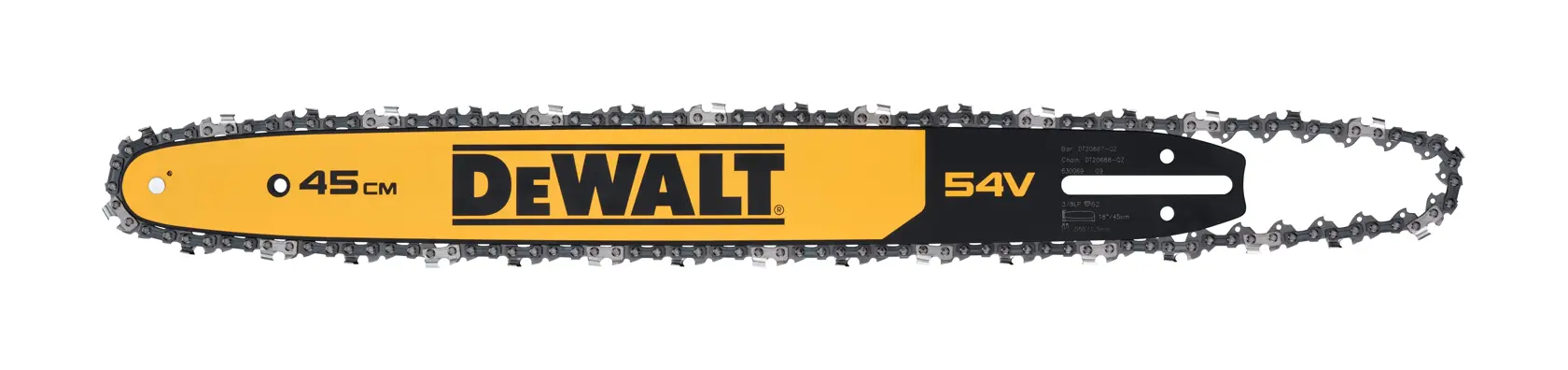 DEWALT 45 cm chainsaw bar with chain, yellow and black, marked with 54V. Product for chainsaw use.