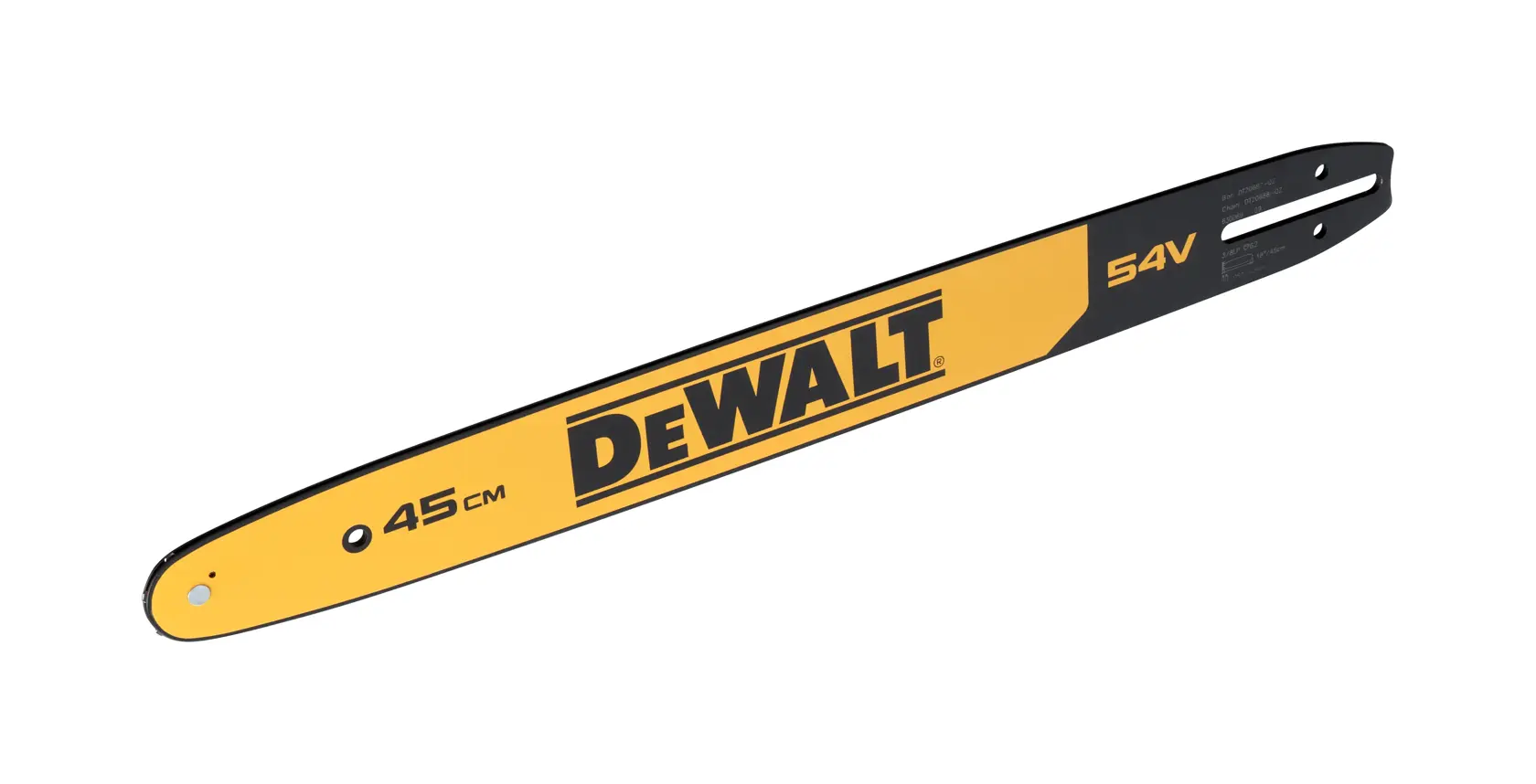 DEWALT 45 cm chainsaw guide bar with yellow and black design and 54V marking.
