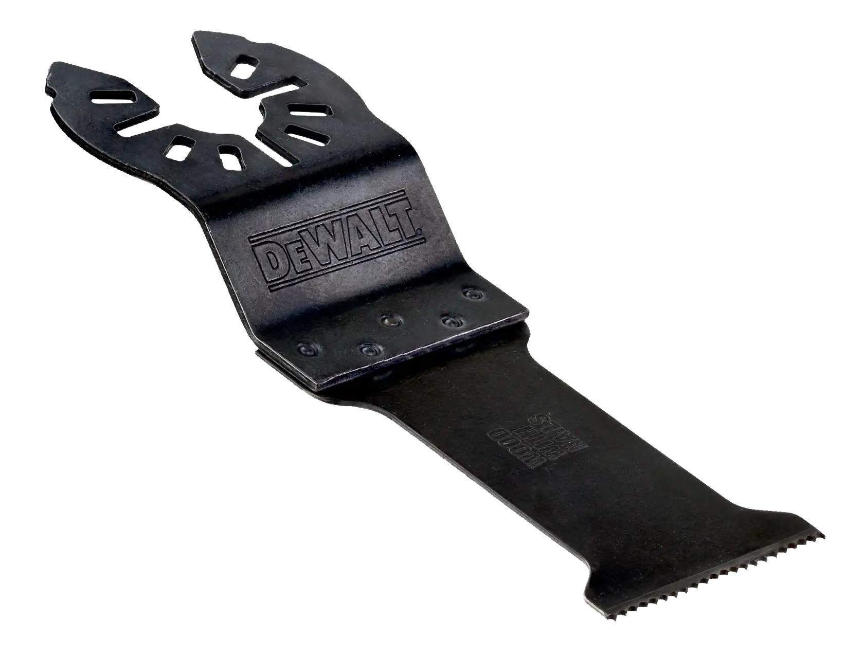 Black DEWALT branded oscillating multi-tool blade accessory, featuring a flat cutting edge and a multi-fit mounting end.