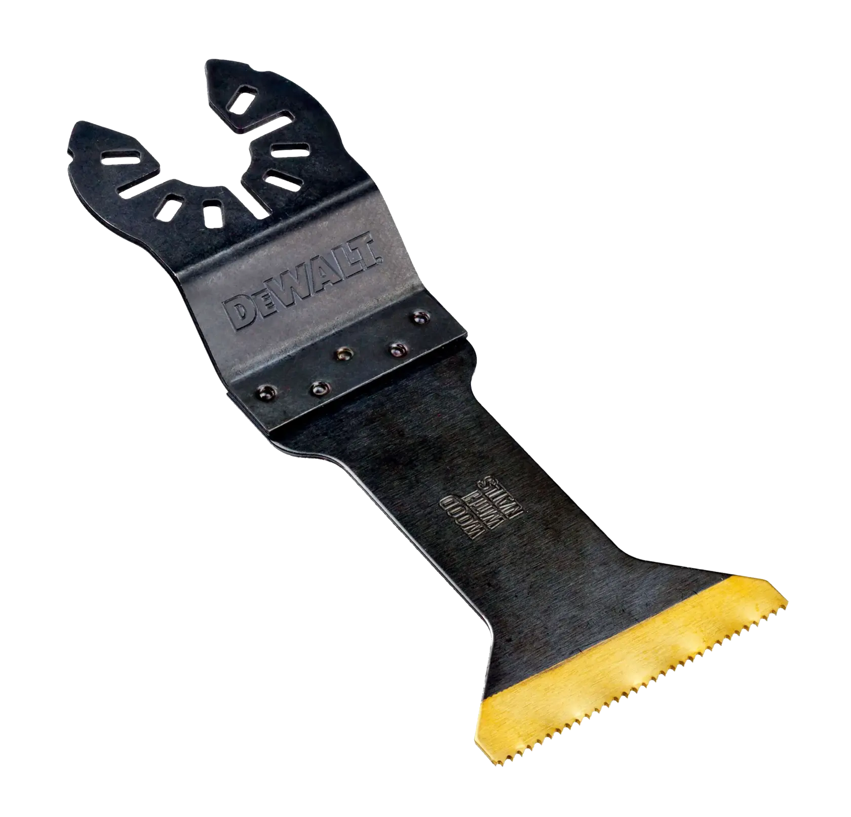 A DEWALT branded oscillating multi-tool blade with a flat, wide cutting edge featuring serrated teeth and a universal mounting end.