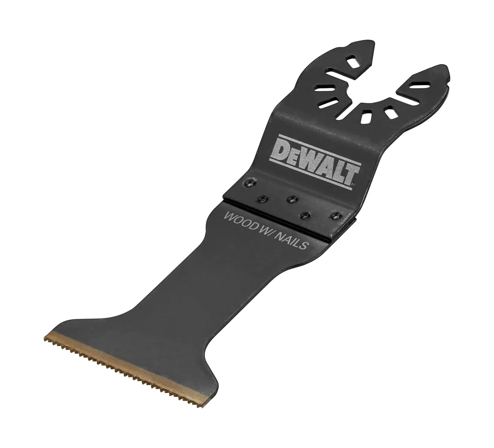 DEWALT multitool blade for cutting wood with nails, shown isolated on white background.