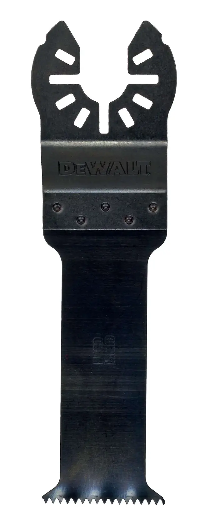 DEWALT DT20703 oscillating saw blade with straight edge and serrated tip, designed for cutting applications.