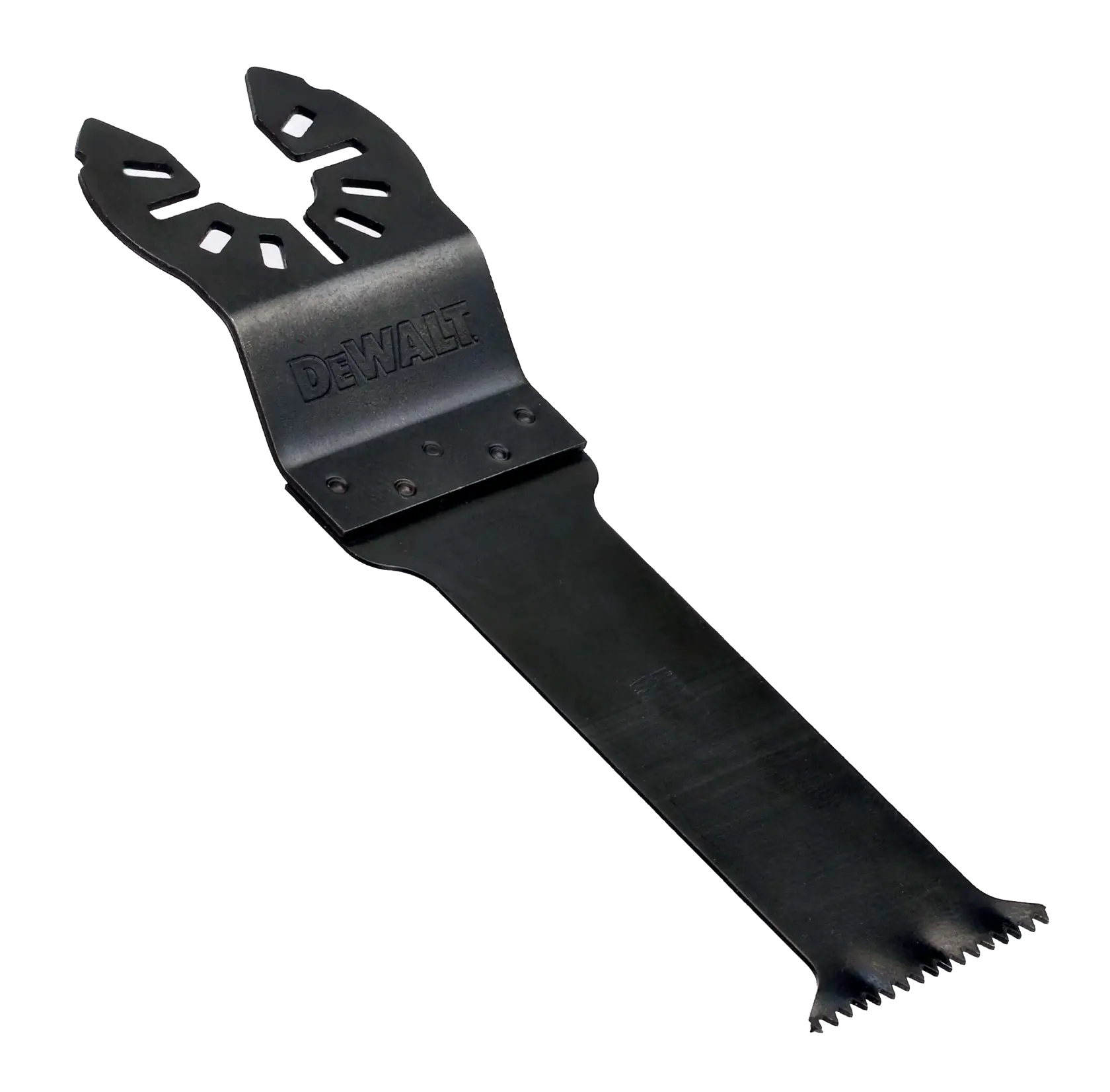 DEWALT DT20703 black oscillating multi-tool blade with toothed cutting edge for precision tasks.