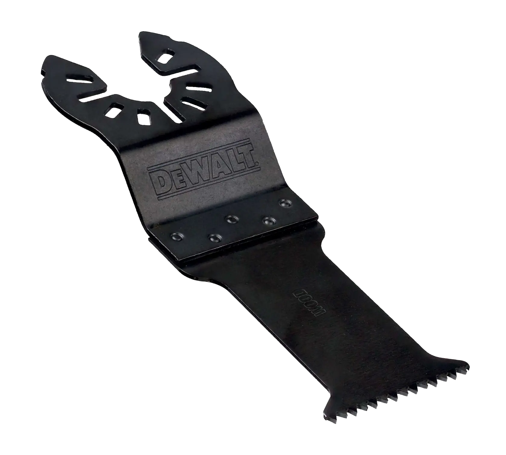 Hoja de sierra multitool negra DEWALT DT20704 con orificios, usada para cortar.