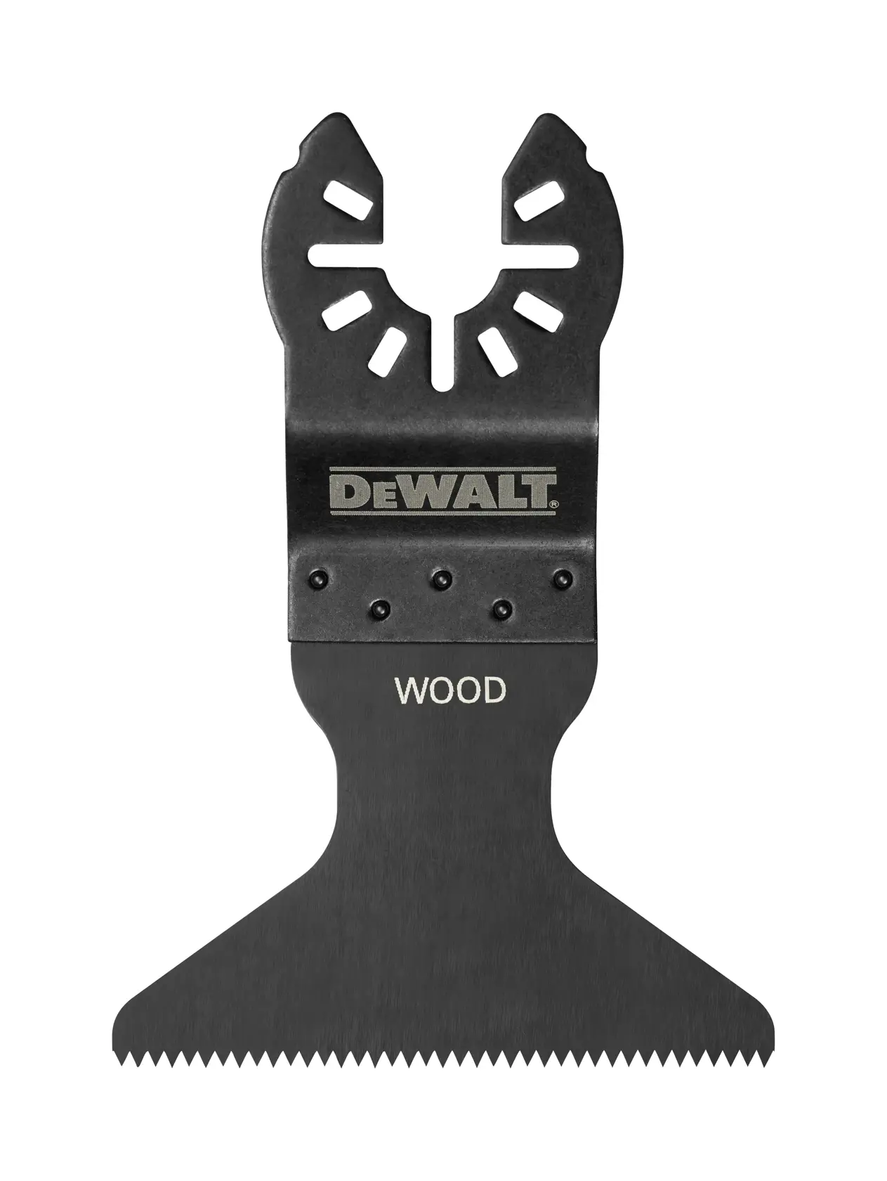 DEWALT DT20705 wood cutting blade for oscillating multitools, black, with sharp teeth and connector.