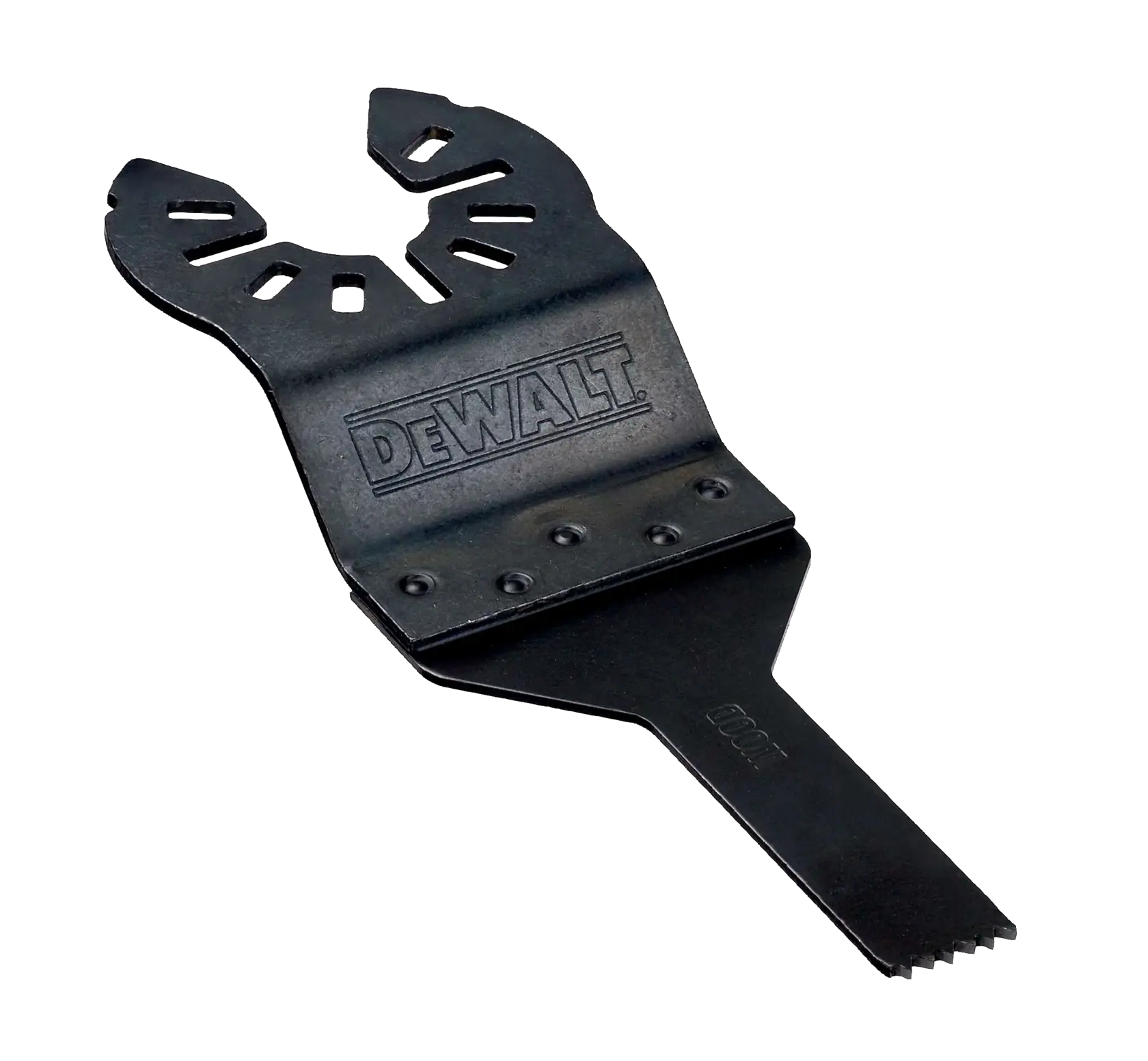 DEWALT DT20706 black multitool blade, flat with serrated edge for cutting, shown on white background.