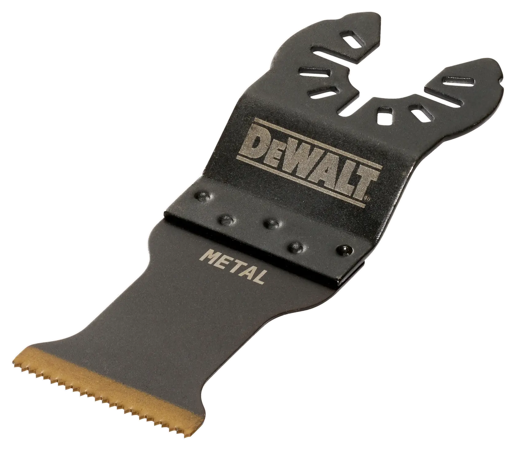 DEWALT DT20707 oscillating tool blade for metal cutting, black with gold teeth.