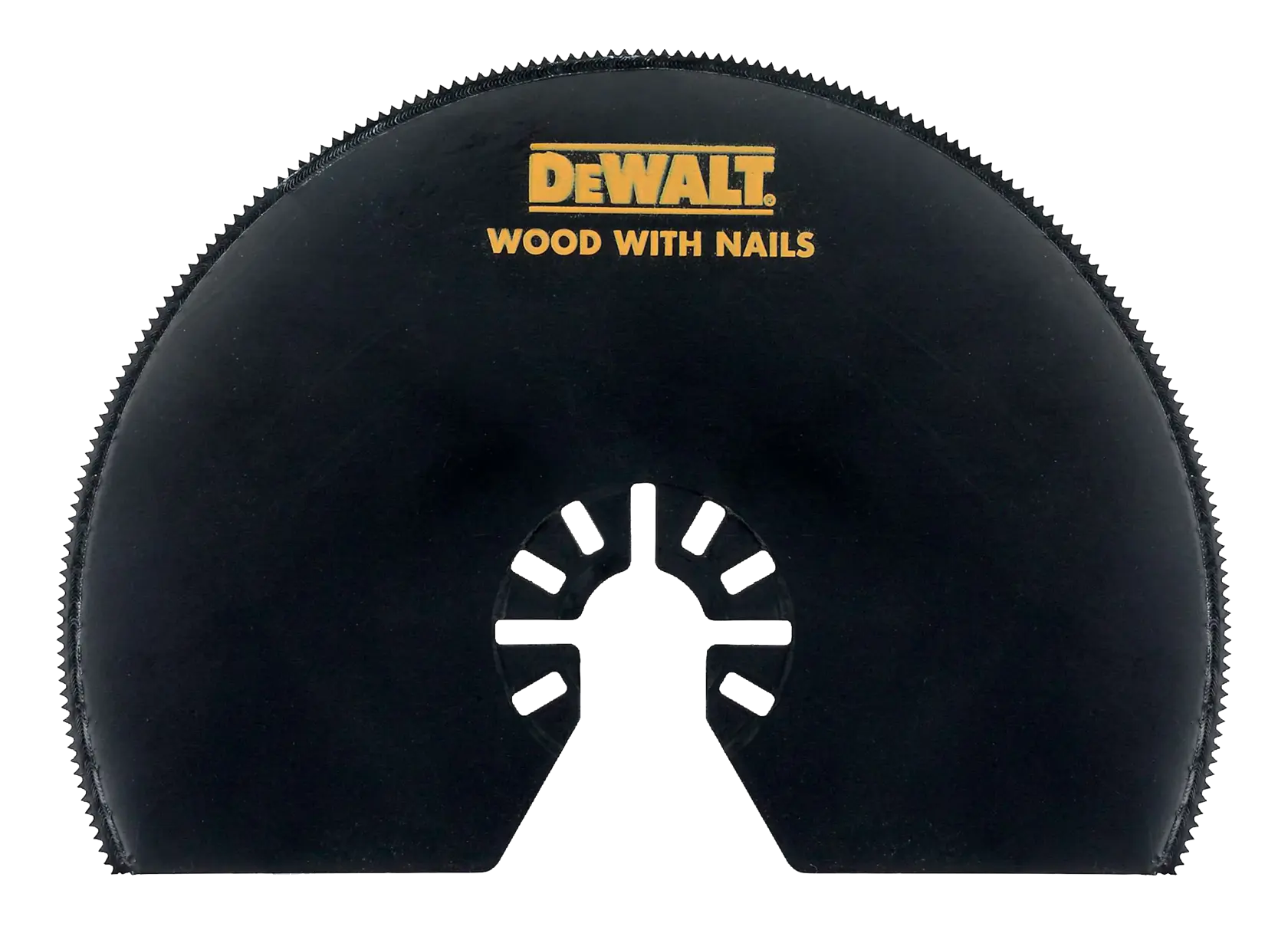 DEWALT DT20708 black circular saw blade for cutting wood with nails, semicircular shape with teeth.