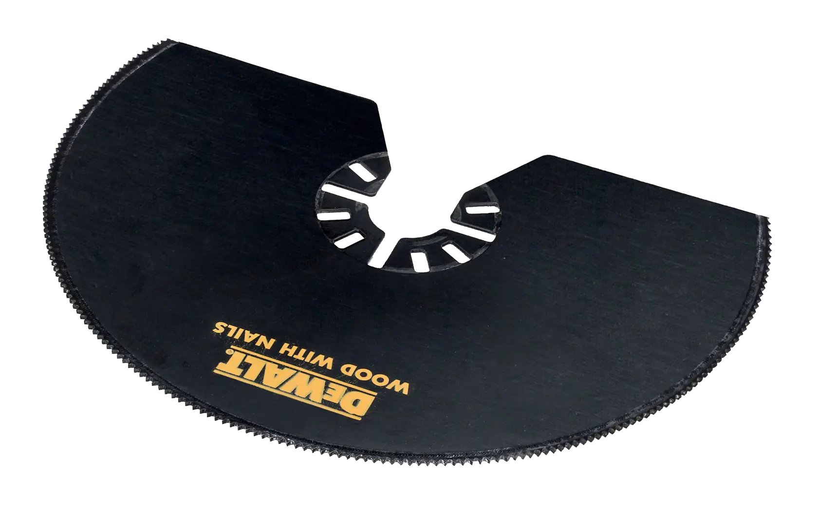 A black DEWALT circular saw blade accessory with fine teeth, labeled 'WOOD WITH NAILS', designed for cutting wood and wood with nails.