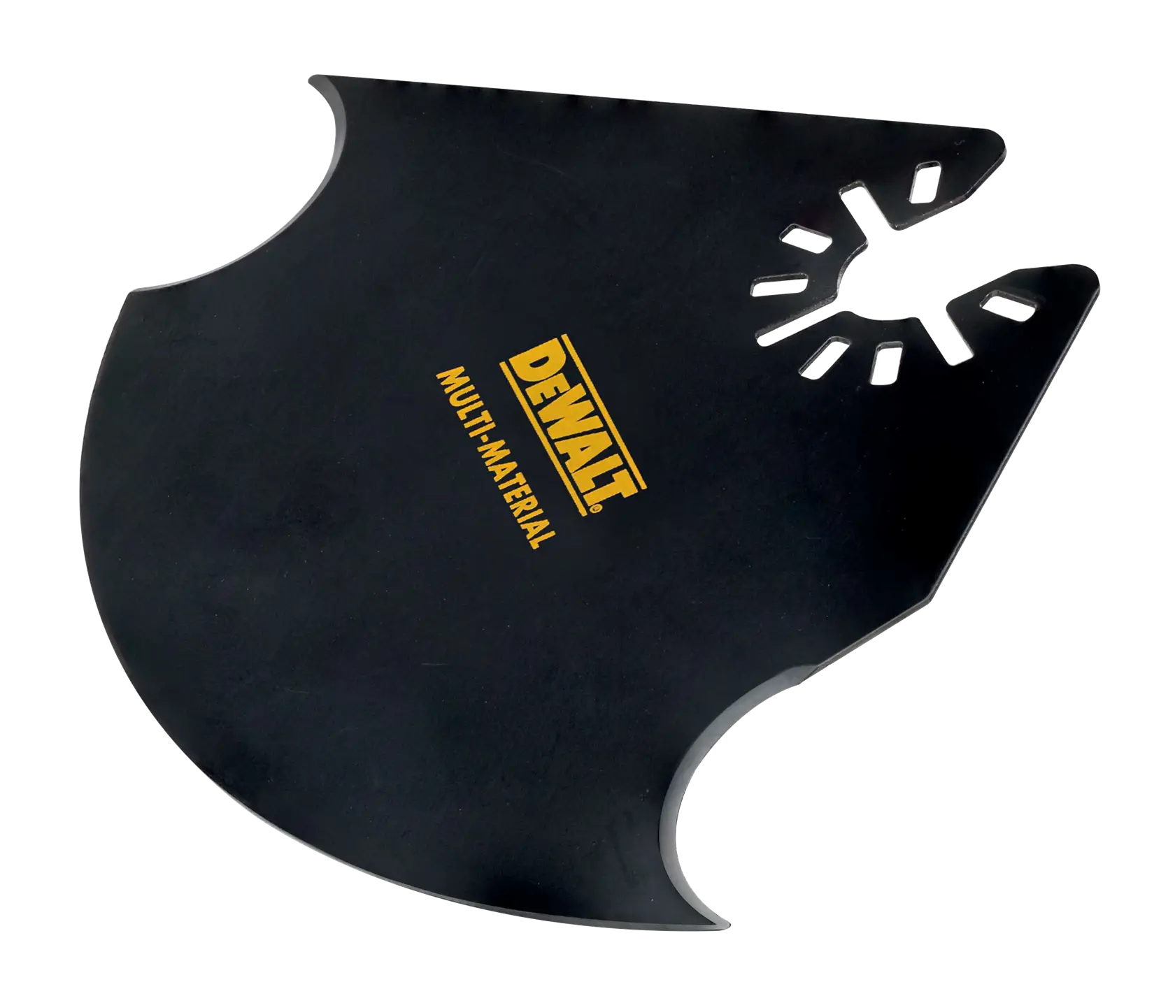 A DEWALT branded multi-material saw blade attachment with a black finish and angular design, suitable for cutting various materials.